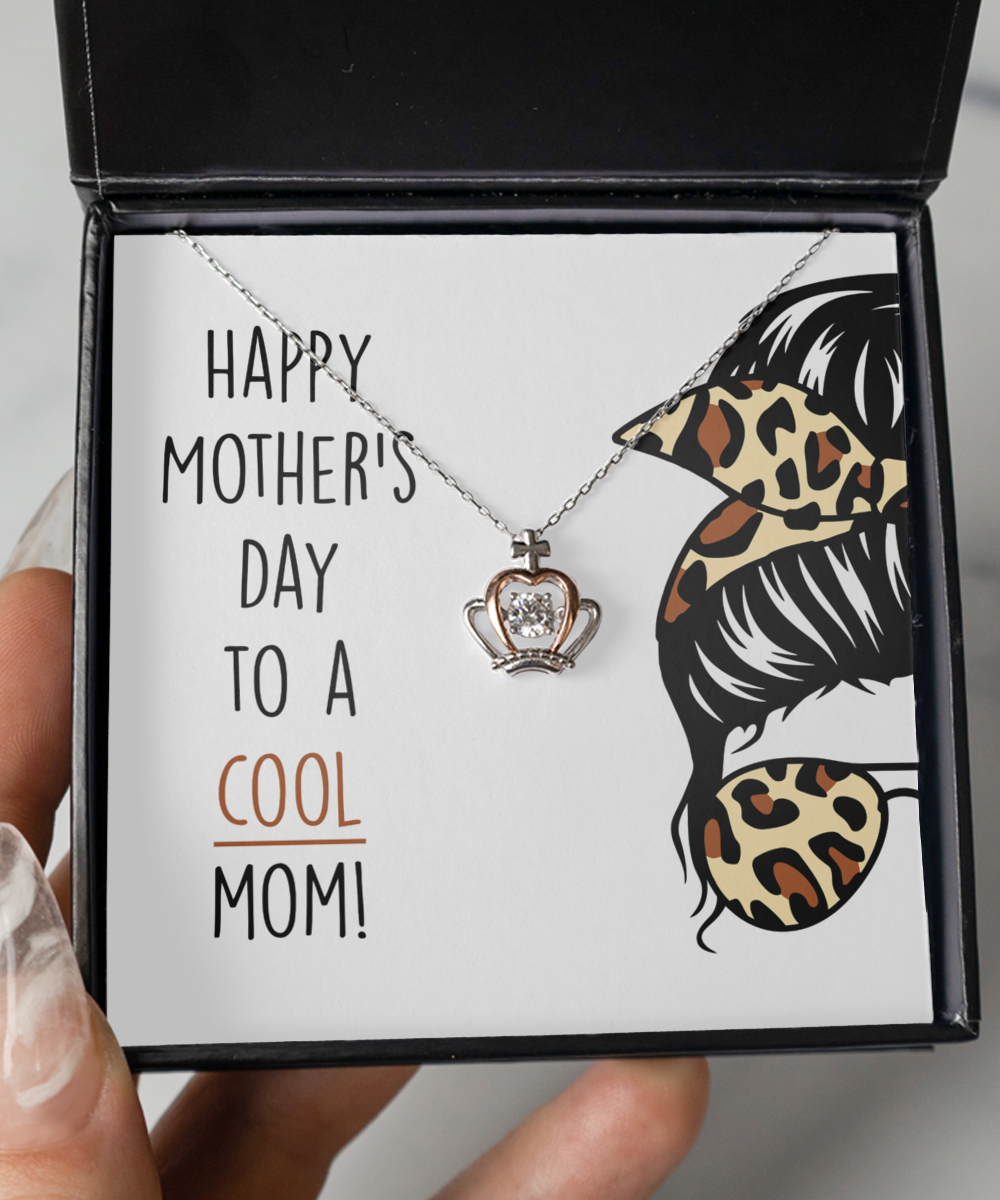 Mom Gift from Kids Happy Mother's Day to A Cool Mom Crown Necklace Leopard Print Message Card Gift Box for Mom Crown Pendant Necklace Luxury Box
