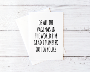 Crass Mother's Day Card for Mom Cards Of All The Vaginas In The World I'm Glad I Tumbled Out Of Yours Funny Blank Greeting Card Mom Birthday