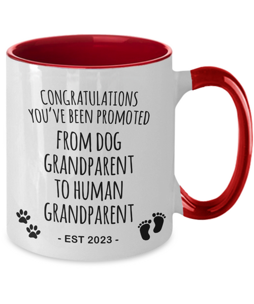 Dog Grandparent to Human Grandparent Est 2023 Mug Two-Tone Coffee Cup Funny Gift