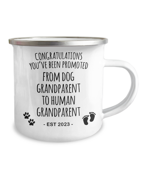 Dog Grandparent to Human Grandparent Est 2023 Camping Mug Coffee Cup Funny Coworker Gifts