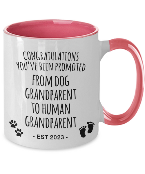 Dog Grandparent to Human Grandparent Est 2023 Mug Two-Tone Coffee Cup Funny Gift