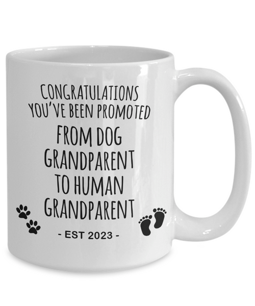 Baby Announcement Dog Grandparent to Human Grandparent Est 2023 Mug Coffee Cup Funny Gift