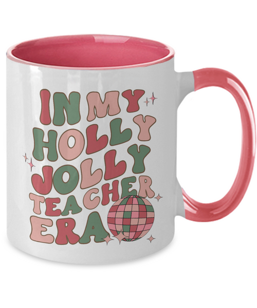 In My Holly Jolly Teacher Era Mug, Holly Jolly Vibes, Gift for Teacher, Retro Christmas Two-Toned Coffee Cup