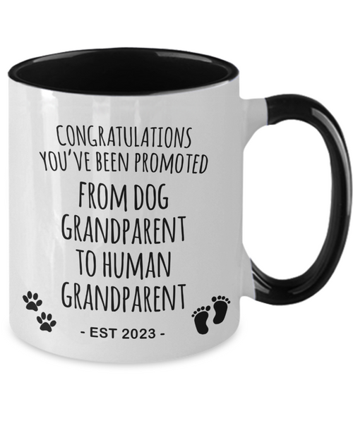 Dog Grandparent to Human Grandparent Est 2023 Mug Two-Tone Coffee Cup Funny Gift