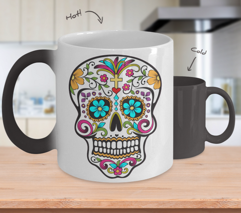 Day of the Dead Mug - Sugar Skull Magical Color Changing Mug - Mexican Folk Art - Dia De Los Muertos Coffee Cup-Cute But Rude