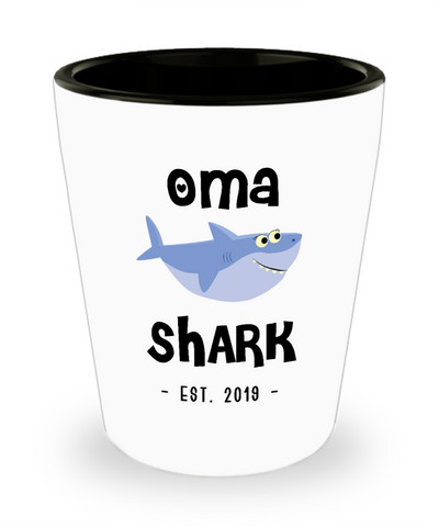 Oma Shark New Oma Est 2019 Do Do Do Expecting Omas Baby Shower Pregnancy Reveal Announcement Gifts Ceramic Shot Glass