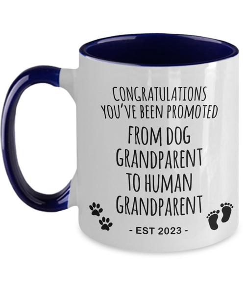 Dog Grandparent to Human Grandparent Est 2023 Mug Two-Tone Coffee Cup Funny Gift