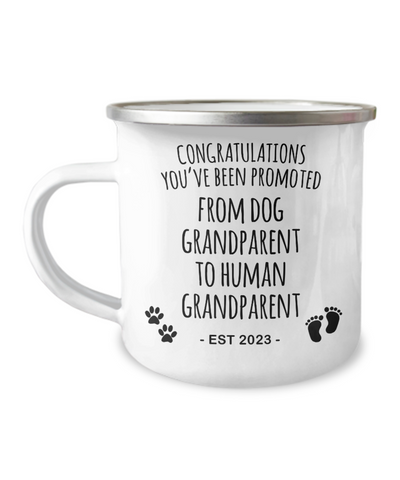 Dog Grandparent to Human Grandparent Est 2023 Camping Mug Coffee Cup Funny Coworker Gifts