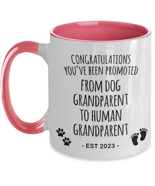 Dog Grandparent to Human Grandparent Est 2023 Mug Two-Tone Coffee Cup Funny Gift