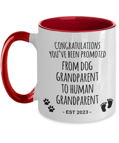 Dog Grandparent to Human Grandparent Est 2023 Mug Two-Tone Coffee Cup Funny Gift