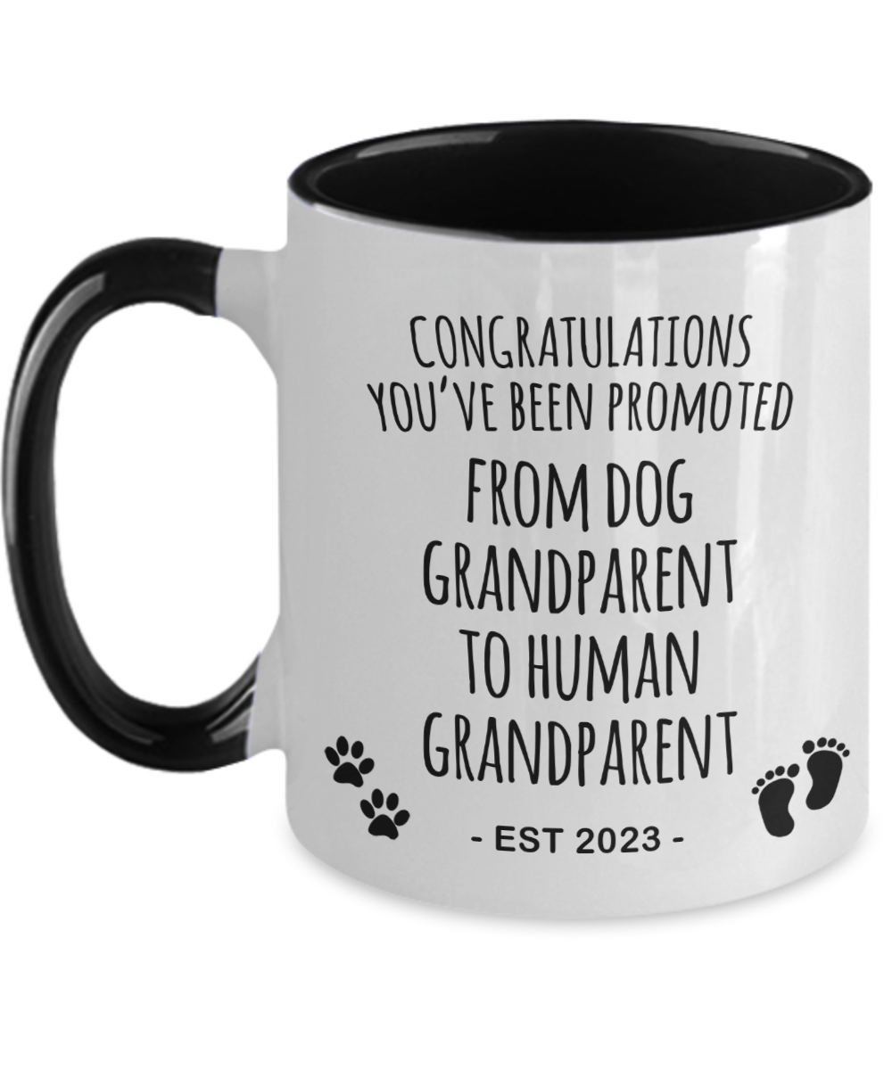 Dog Grandparent to Human Grandparent Est 2023 Mug Two-Tone Coffee Cup Funny Gift