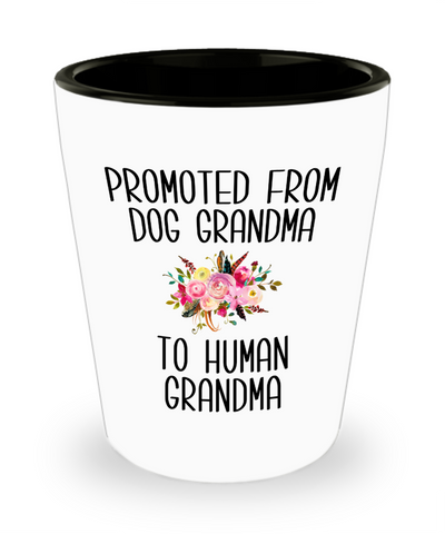 Promoted From Dog Grandma To Human Grandma Grandma Pregnancy Announcement Mother in Law Reveal Gift for Her Ceramic Shot Glass