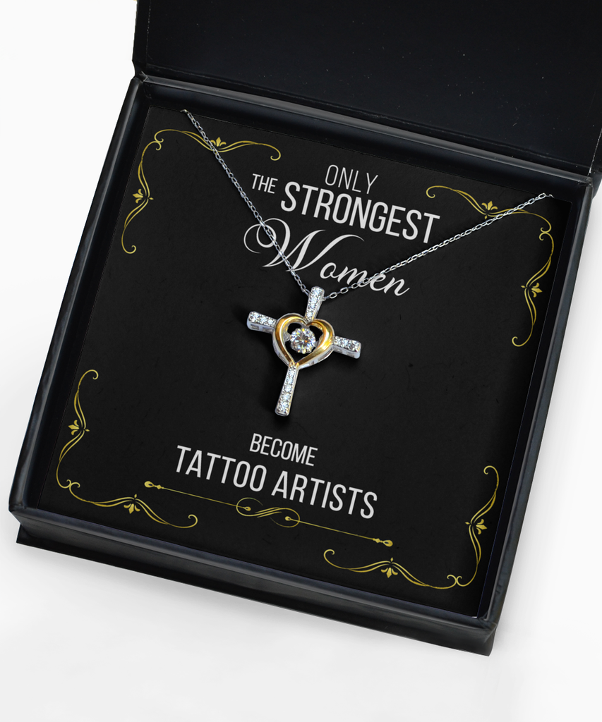 Gift for Tattoo Artists Gifts for Her Only The Strongest Women Become Tattoo Artists Cross Necklace 14K Gold Plated Sterling Silver Cubic Zirconia
